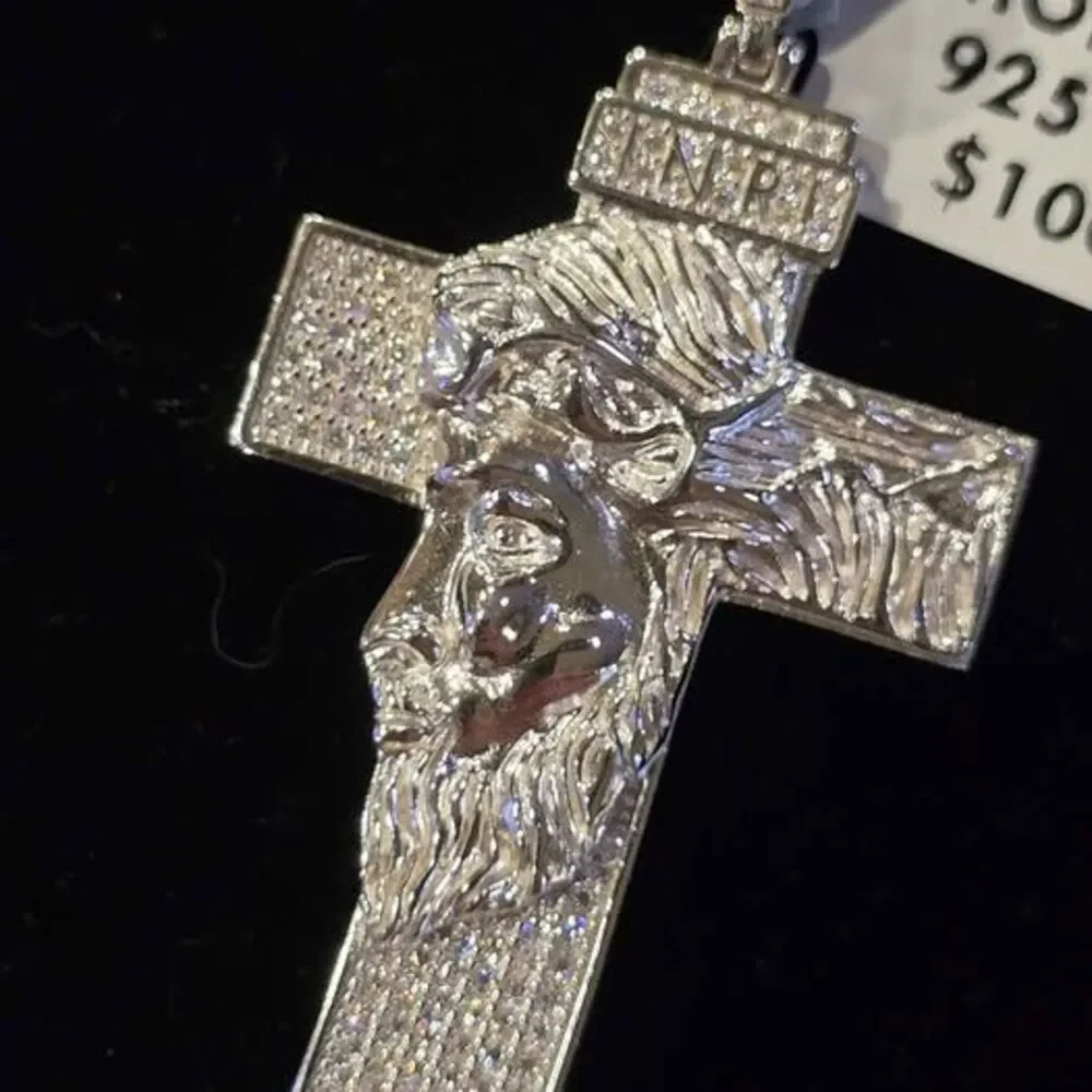 Moissanite 925 Silver Jesus Cross Pendant Necklace